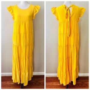La Ven Gorgeous Yellow Ruffle Tiered Pocketed Flowy Maxi Dress Resort Wear - Med
